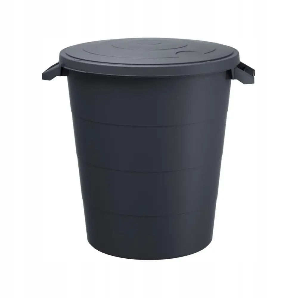 Glatt hagekurv 120L i antrasitt, rund plastbøtte med lokk, horisontale riller og to sidehåndtak.