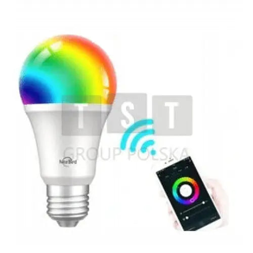 Gosund Smart LED-pære RGBW E27, sidevisning med synlig appstyring og fargevalg på mobilskjerm.