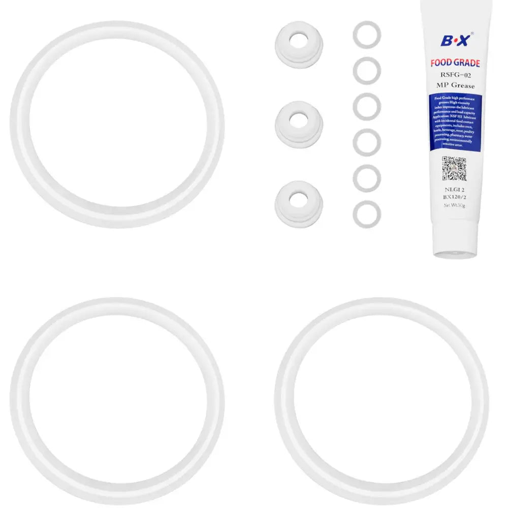 Granitor tre-slusjemaskin reservedelsett med o-ringer, tetninger og smørefett sett ovenfra.