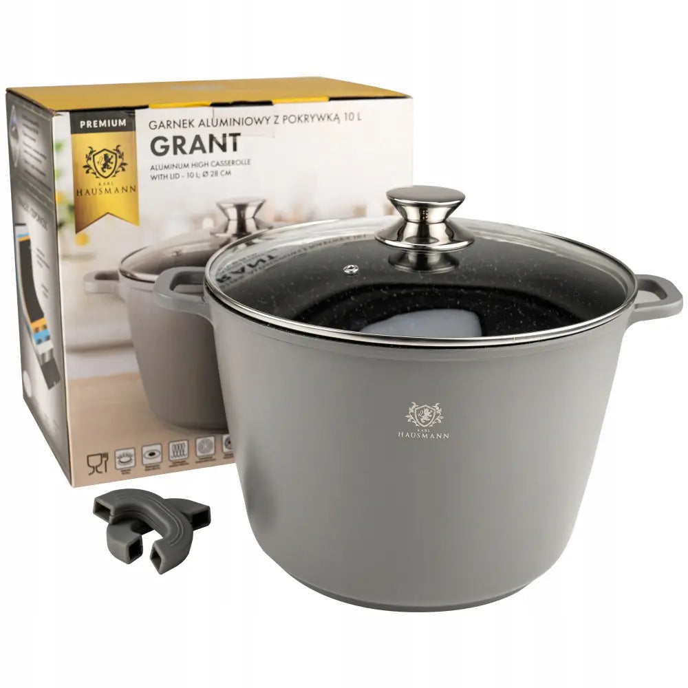 Granittgryte 10 L med glasslokk, metallhåndtak og to svarte silikonbeskyttere foran original emballasje.