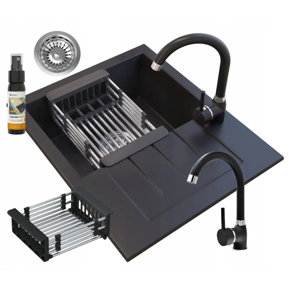 Granittvask Sett med Sort Kran Dryppebrett og Vannlås