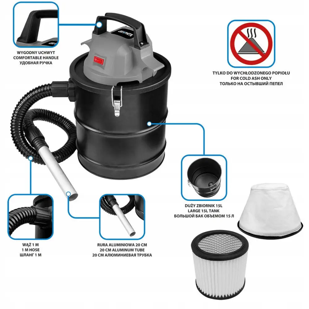 Graphite askestøvsuger Energy+, skråvisning med bærehåndtak, fleksibel slange, aluminiumrør og ekstra pose.