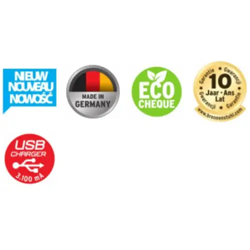 Nærbilde av Grenuttak Alu-Office-Line med USB, viser fem ulike sertifiserings- og kvalitetsmerker.