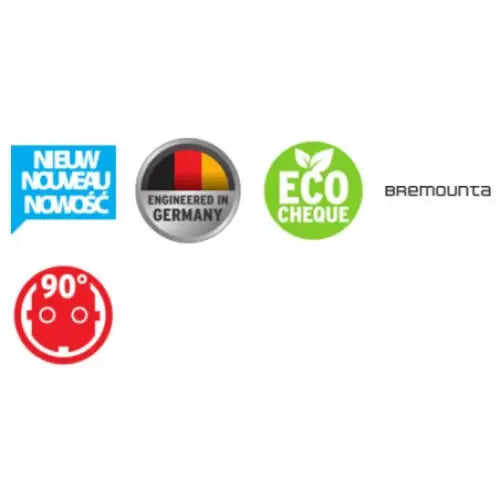 Symboler og merkelapper for Bremounta grenuttak, inkludert miljøsertifisering og tysk kvalitet, på hvit bakgrunn.