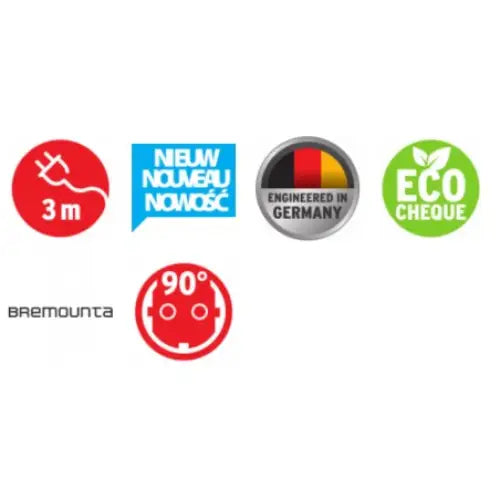 Symboler for Grenuttak Bremounta: 3 m strømkabel, nyhet, tysk design, miljømerke og 90°-kontakt.
