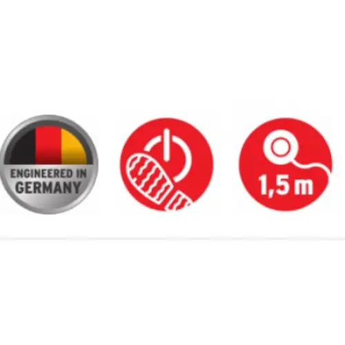 Tre informasjonsikoner for Eco-Line Comfort Switch: tysk kvalitet, lavt strømforbruk og kabellengde på 1,5 meter.