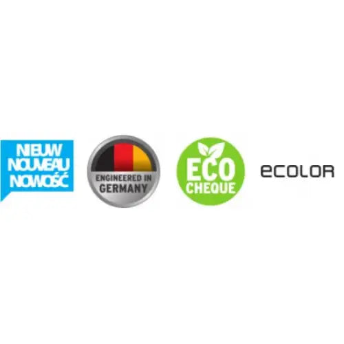 Fire sertifiseringslogoer for Grenuttak Ecolor, inkludert tysk flagg og ECO CHEQUE-merke.
