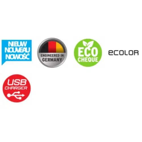 Detaljbilde av Grenuttak Ecolor, viser USB-lader-symbol, Eco Cheque-merke og tysk kvalitetsstempel.