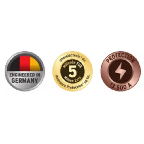 Tre kvalitetsikoner for grenuttak: tysk opprinnelse, 5 års garanti og lyn-symbol for overspenningsvern.