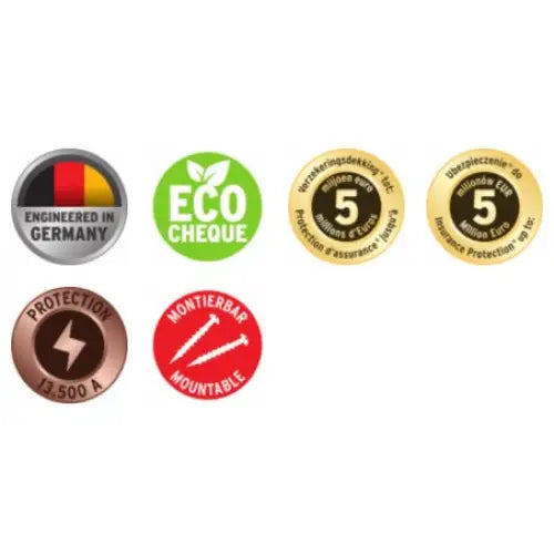 Seks fargerike ikoner som fremhever spesifikasjoner og sertifiseringer for grenuttaket Super-Solid.