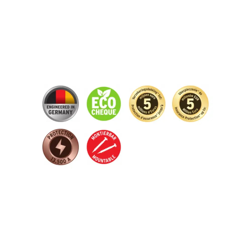 Seks fargerike informasjonsmerker som fremhever tysk kvalitet, miljøsertifisering og overspenningsvern.