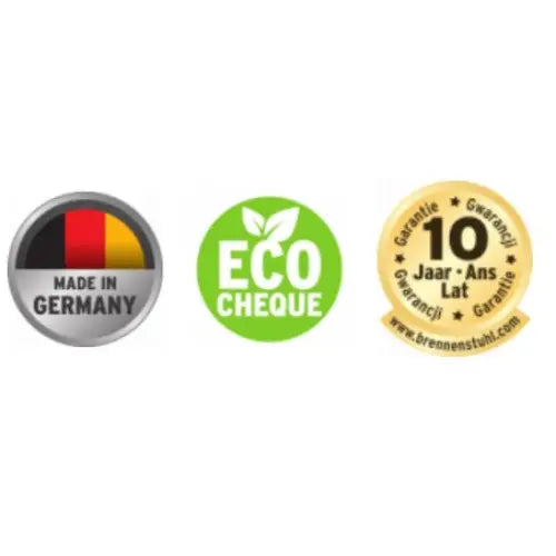 Tre kvalitetsmerker for Grenuttak Premium-Alu-Line: tysk produksjon, miljøsertifisering og 10 års garanti.