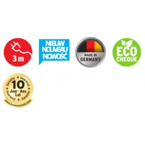 Fem ikoner for Grenuttak Premium-Alu-Line: 3 m lengde, nyhet, tysk produksjon, Eco Cheque og 10 års garanti.