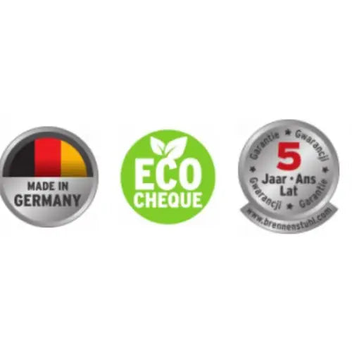 Tre sertifiseringsmerker for Grenuttak Premium-Line: Made in Germany, ECO CHEQUE og 5 års garanti.