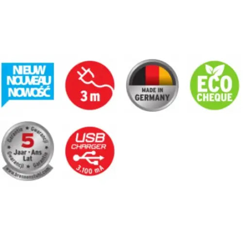 Seks symbolske ikoner som fremhever USB-lader, 3 meter kabel, fem års garanti og miljøsertifisering.