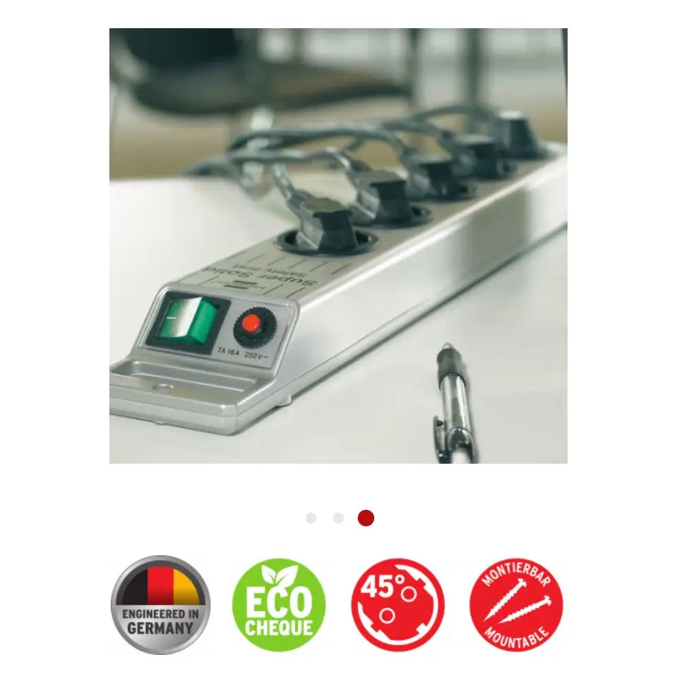 Grenuttak Super-Solid-Line 5-veis i sølv, skråvisning med grønn bryter og rød knapp ved siden av penn på bord.