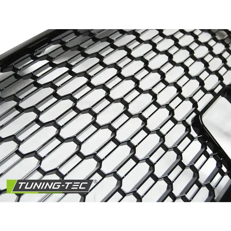 Bakside av glossy black frontgrill for Audi A3 8V med festepunkter og monteringsklips synlig
