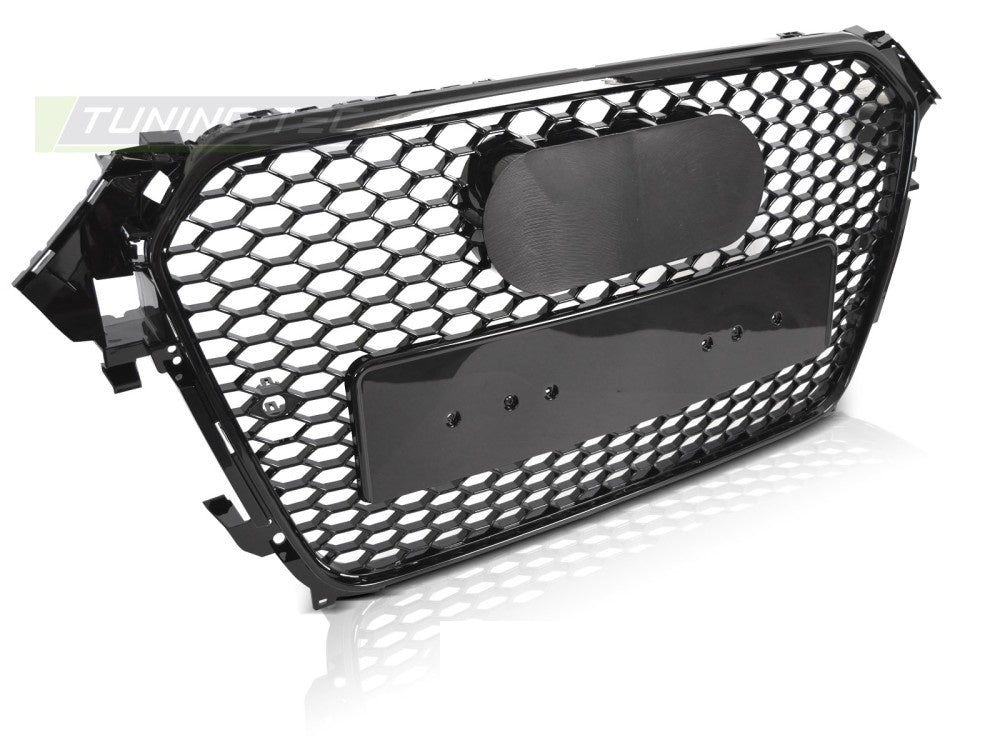 Glossy svart grill til Audi A4 B8 2012–2015 nærbilde av wabenstruktur og PDC