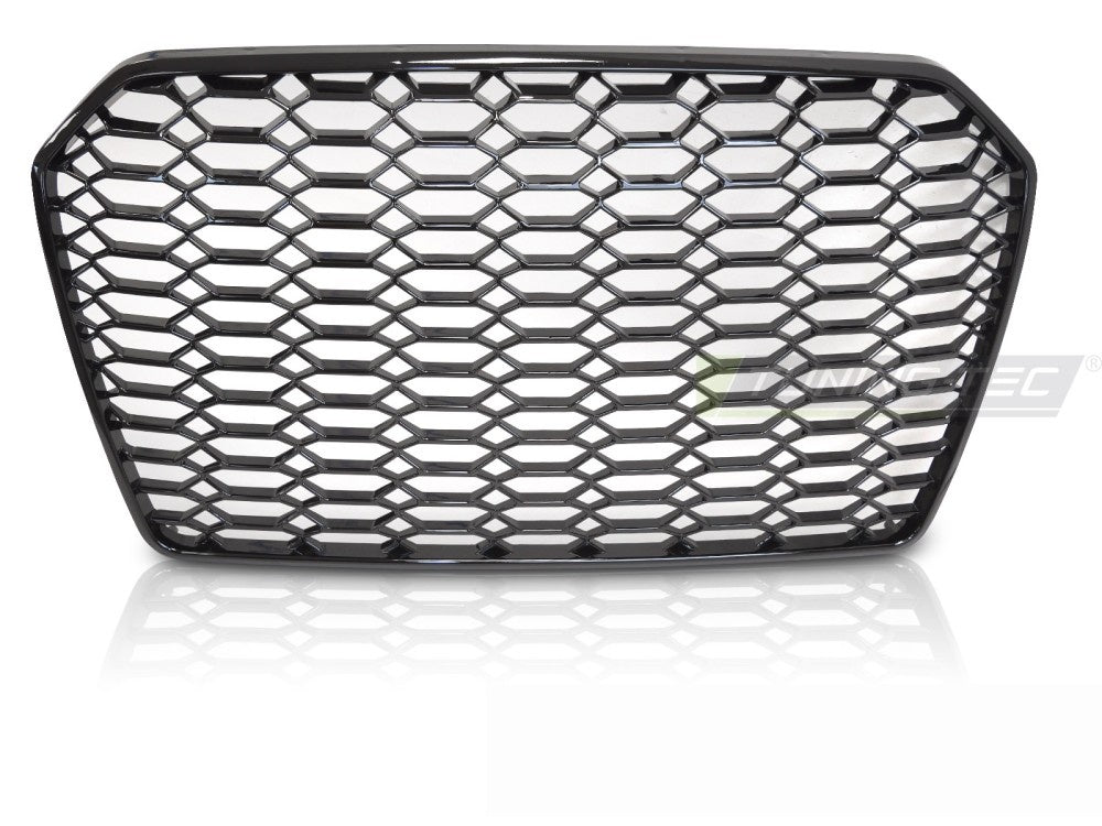 Detaljbilde av honeycomb-mønster på sport-grill Audi A6 C7 glossy svart