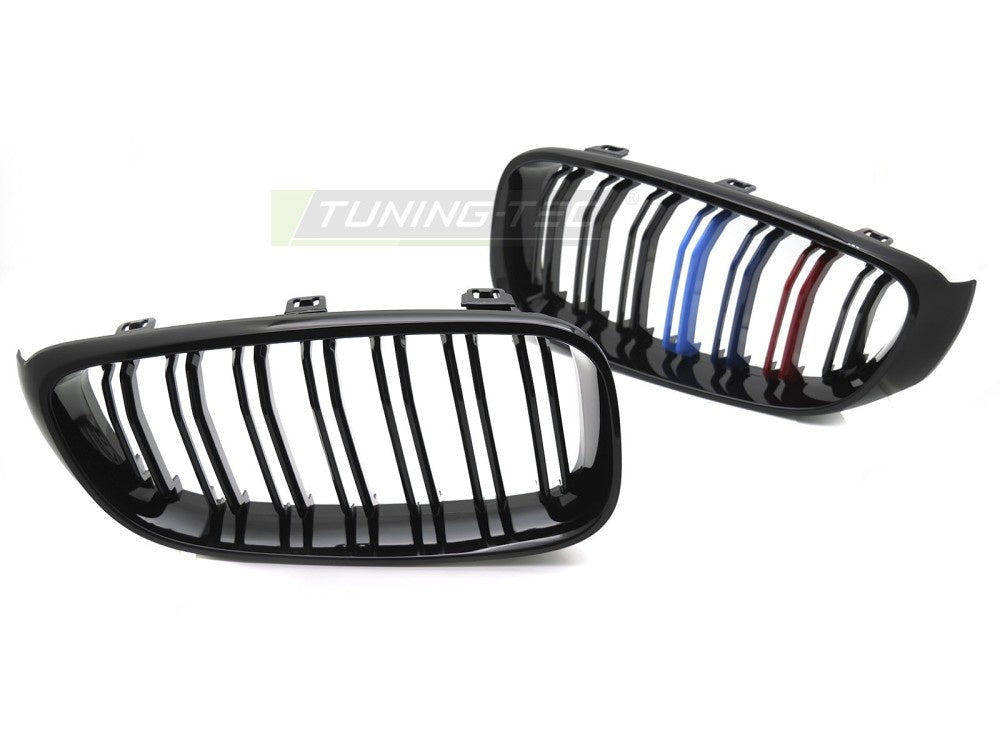 BMW F34 Gran Turismo grill i blank sort finish med dobbel pinnekonstruksjon og tri-colour-striper