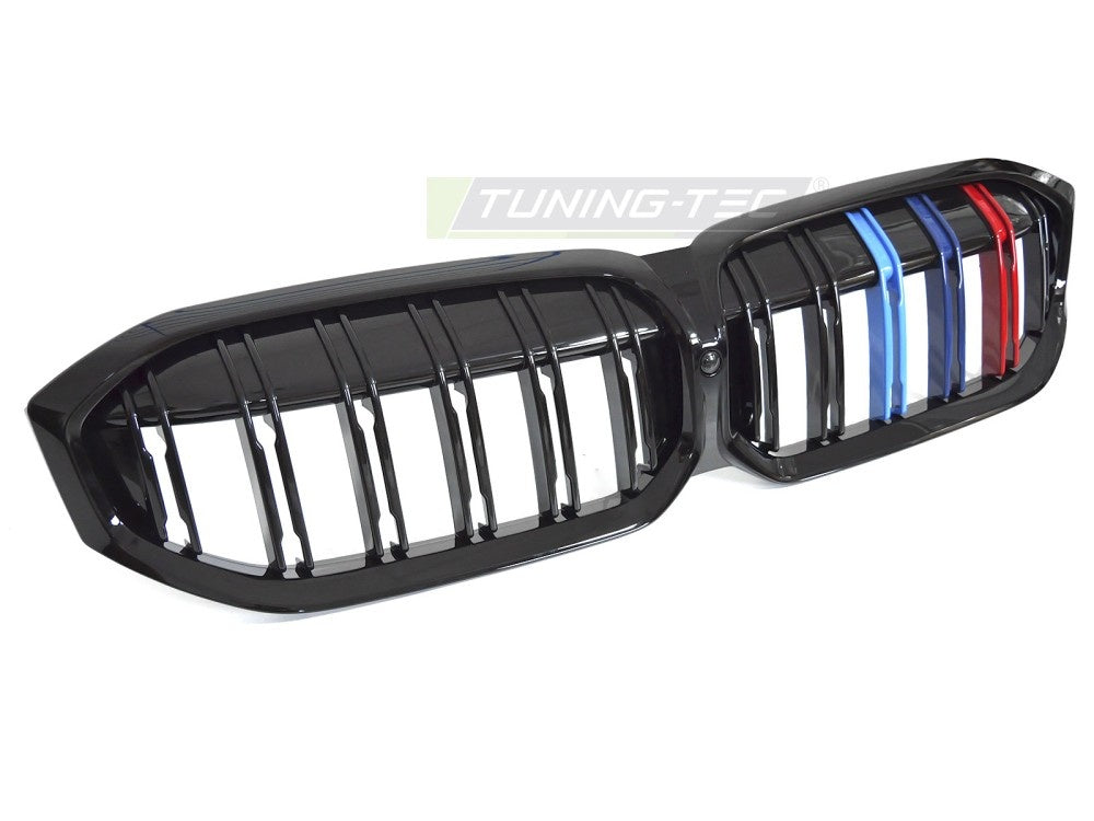 BMW G20 LCI frontgrill med dobbel liststang og tri-colour-detaljer i glossy black