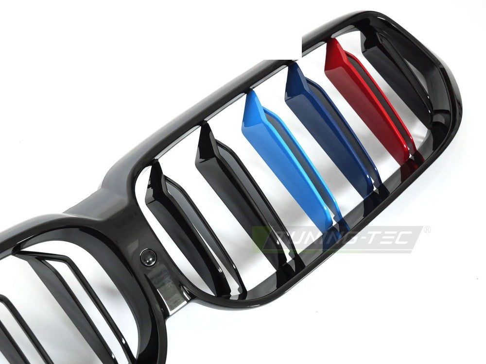 BMW 6-Serie G32 sport-grill double bar design svart blank med blå og røde striper