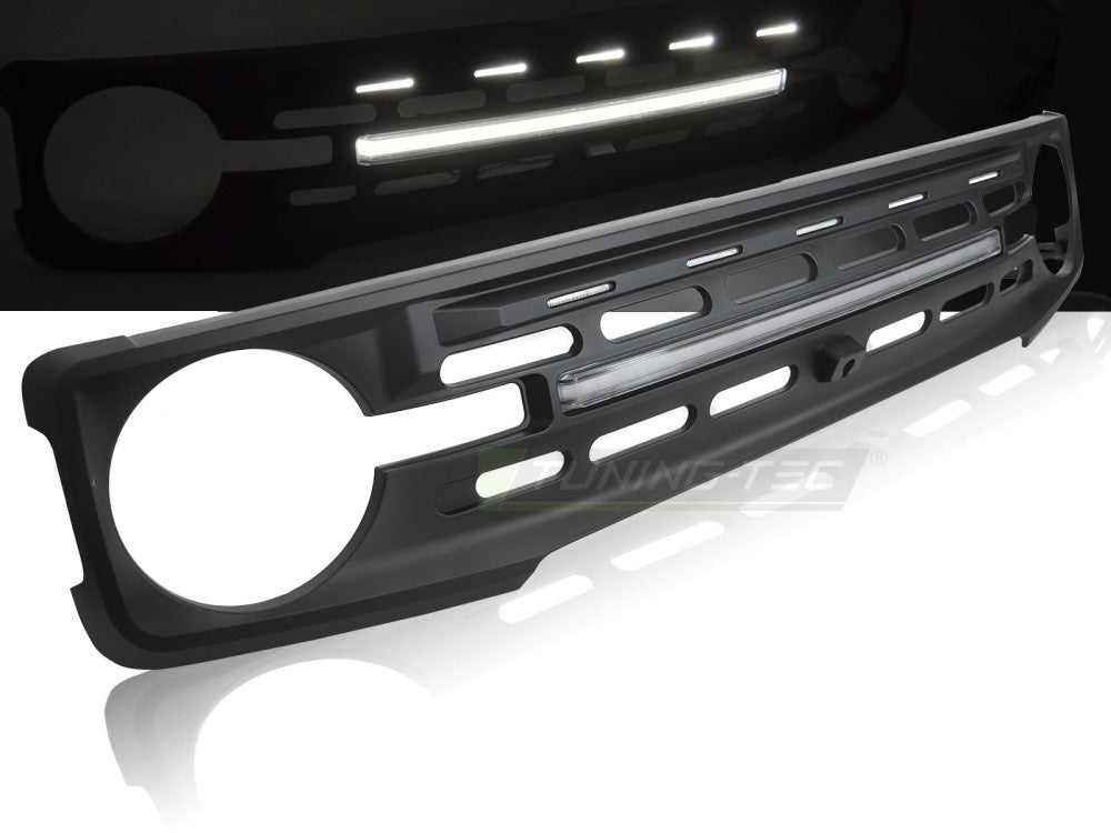 Svart grill med LED til Ford Bronco 2021- montert sett forfra GRFO01
