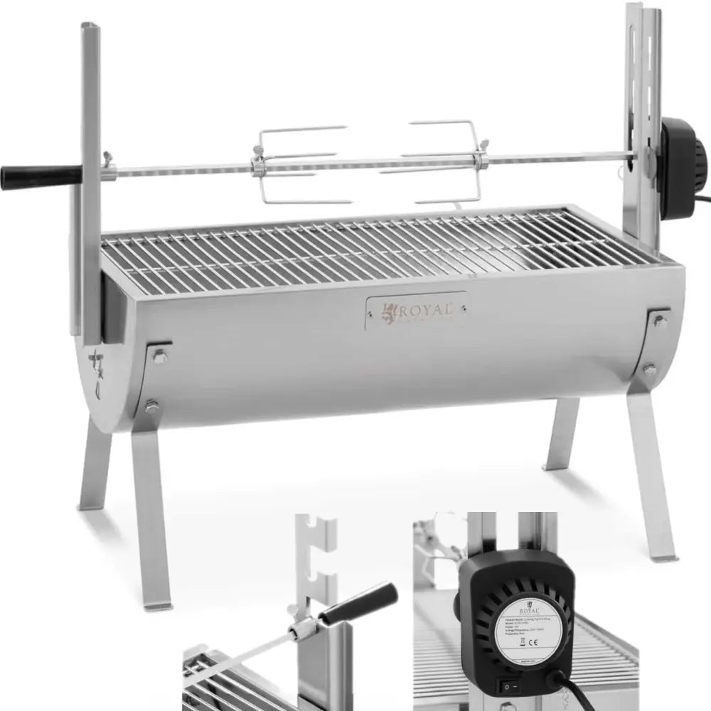 Grill med elektrisk rotisseri, skråvisning som fremhever motor, håndtak og rustfritt ståldesign.