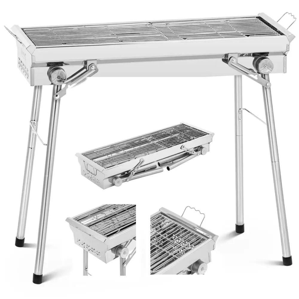 Grill med sammenleggbar rist i rustfritt stål, skrå vinkel med fokus på bein og detaljer i lukket posisjon.