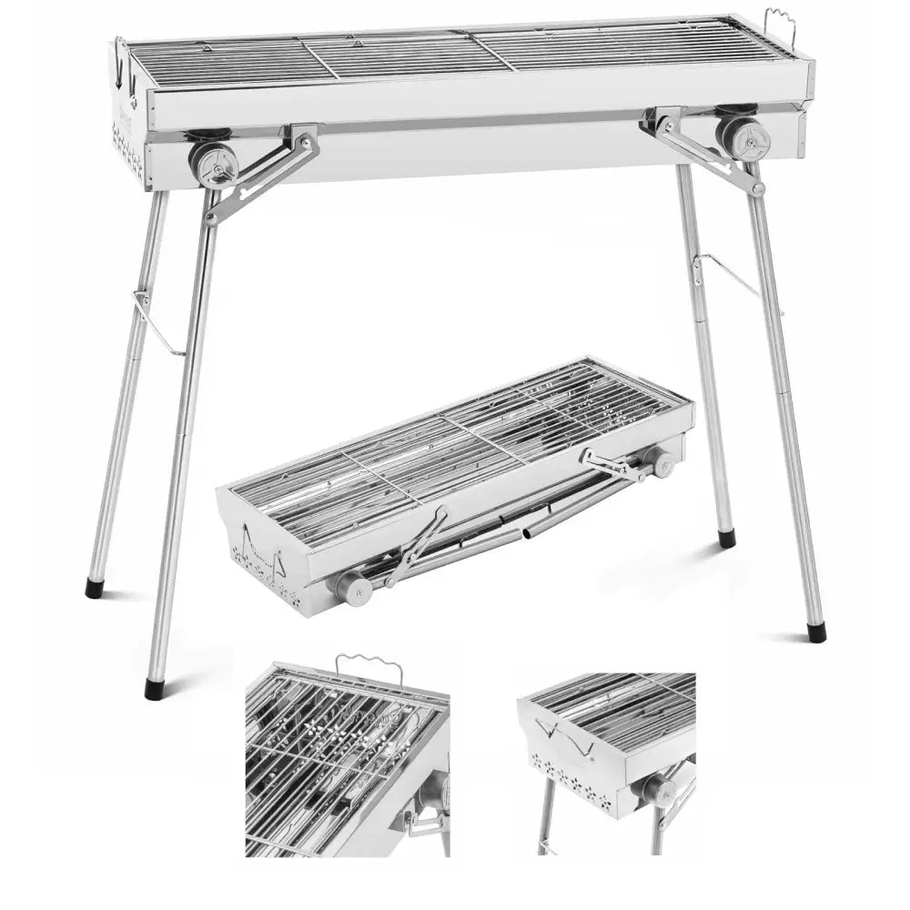 Sammenleggbar grill i rustfritt stål, sidevisning med fire ben, detalj av rist og bærbart håndtak.