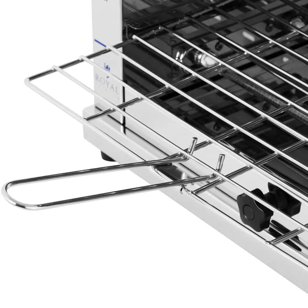 Griller broiler til paninis, nærbilde av blank metallrist med uttrekkbart håndtak og justering på siden.