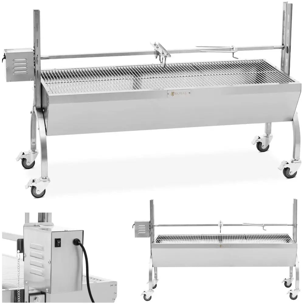 Grillkull med elektrisk roterende grillspyd, stor rustfri grill med hjul, sett fra siden og front.