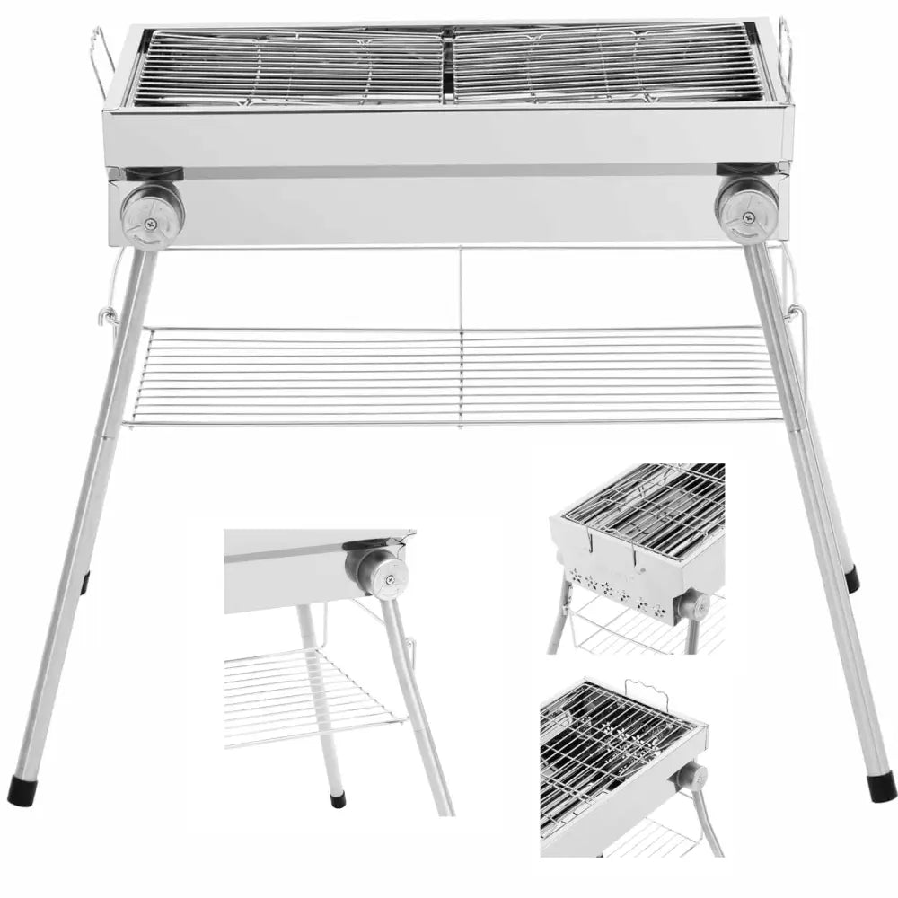 Grillkull med sammenleggbar rist og hylle, sølvfarget metallgrill med hjul, frontvisning og detaljbilder.