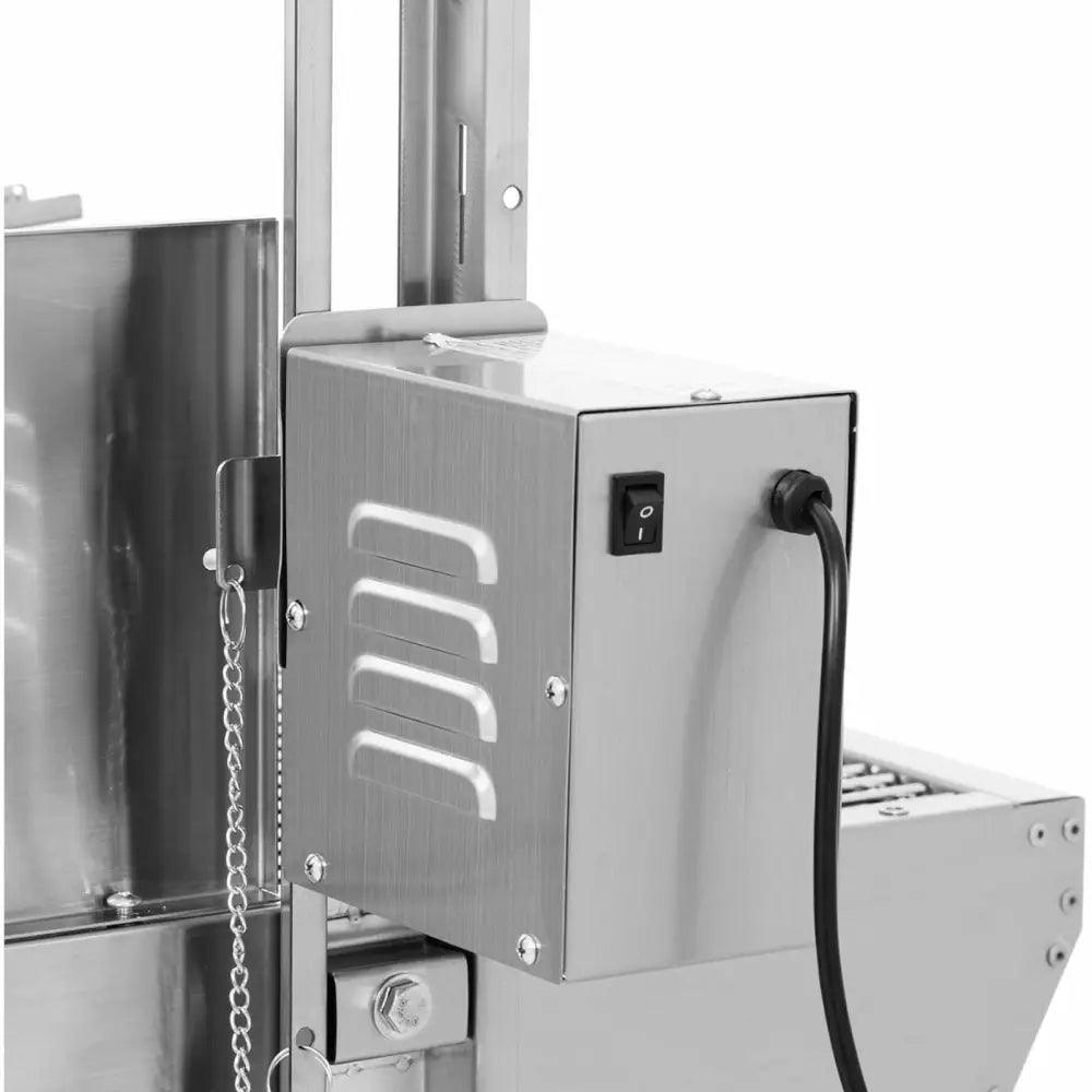 Elektrisk maskindel til grillkullgrill, viser strømbryter, kabel, luftespor og festekjede i rustfritt stål.