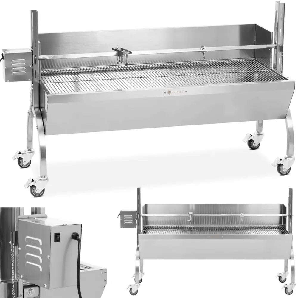 Grillkullgrill i rustfritt stål med elektrisk roterende spidd, grillrist og låsbare hjul, sett fra vinkel.
