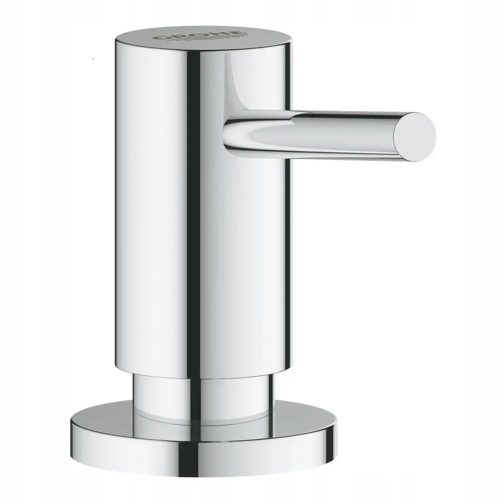 Grohe Cosmopolitan såpedispenser i krom, skråvisning med horisontal spak og matt logo på toppen.