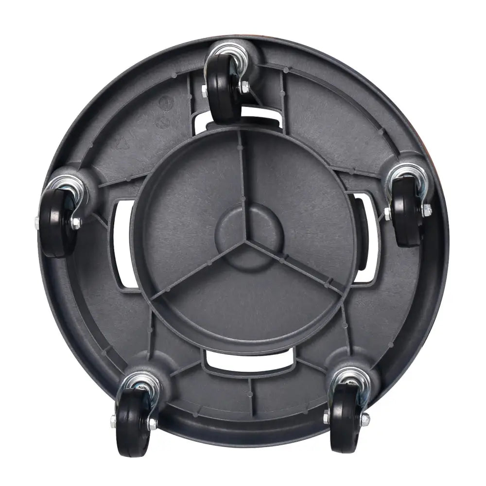 Håndteringsvogn for 120L avfallsbeholder, underside med fem svingbare hjul og detaljer i sort plast.