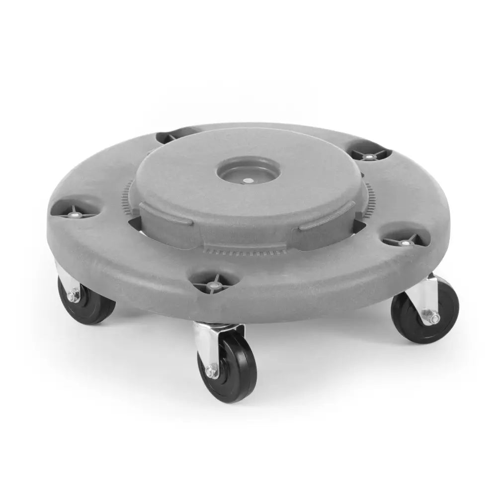 Grå håndteringsvogn for 120L rund avfallsbeholder, skrått sett med fokus på hjul og stabiliseringshull.