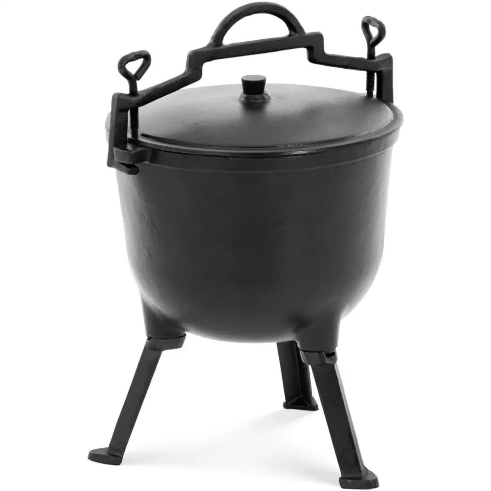 Støpejerngryte 10 l med lokk, skrå vinkel som fremhever håndtakets struktur og de robuste bena.