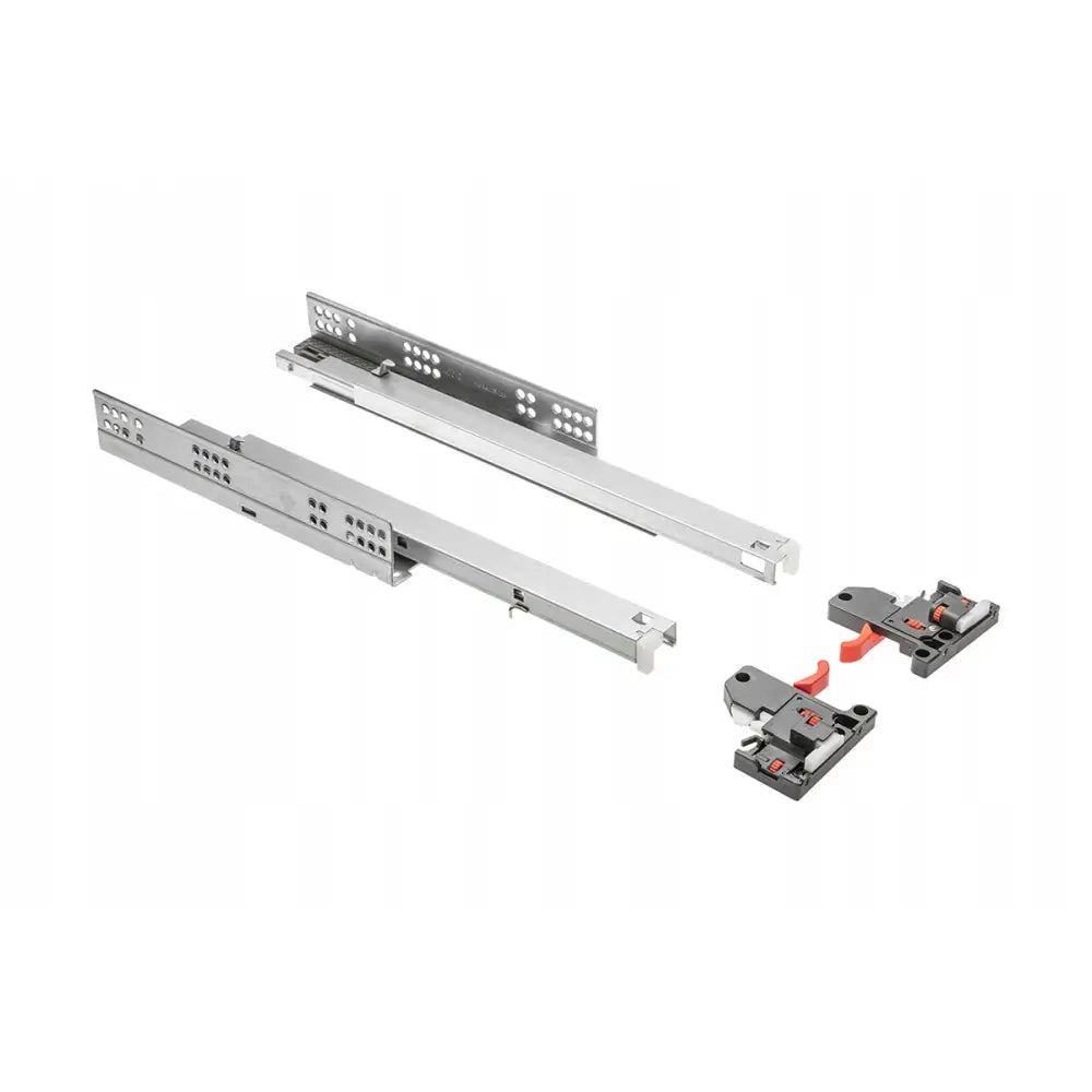 Gtv Modern Slide L450 skuffeskinner, sett med to metallskinner og to sorte braketter med oransje detaljer.