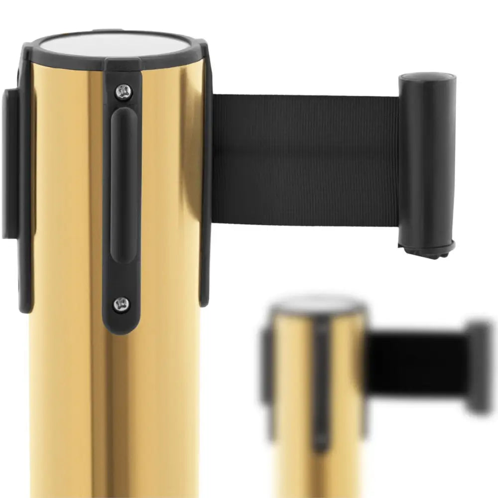 Gullhotellavsperringsnett med sort bånd, nærbilde fra siden som fremhever stolpens blanke overflate.