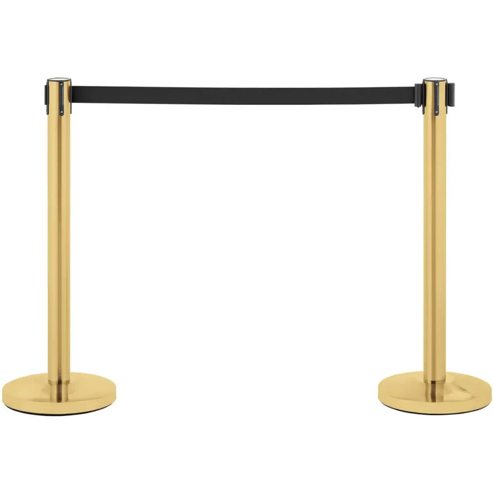 Gullhotellavsperringsnett med to stolper og svart bånd, frontvisning mot hvit bakgrunn.