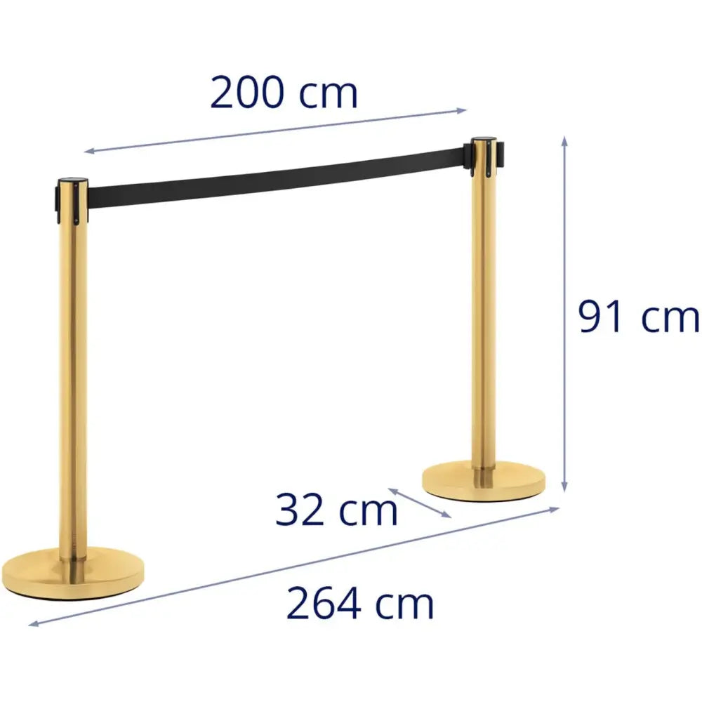 Gullhotellavsperringsnett med svart bånd, to stolper sett fra skrå vinkel med mål illustrert med piler.