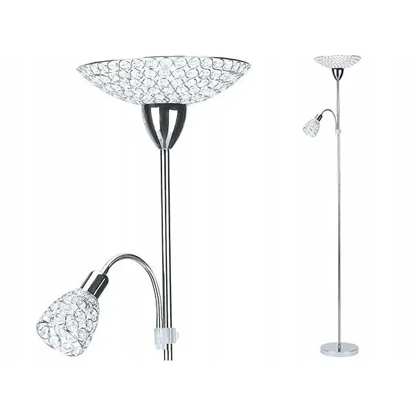 Gulvlampe Sonata 2 i krom, sidevisning med to skjermer pyntet med klare, fasetterte krystaller.