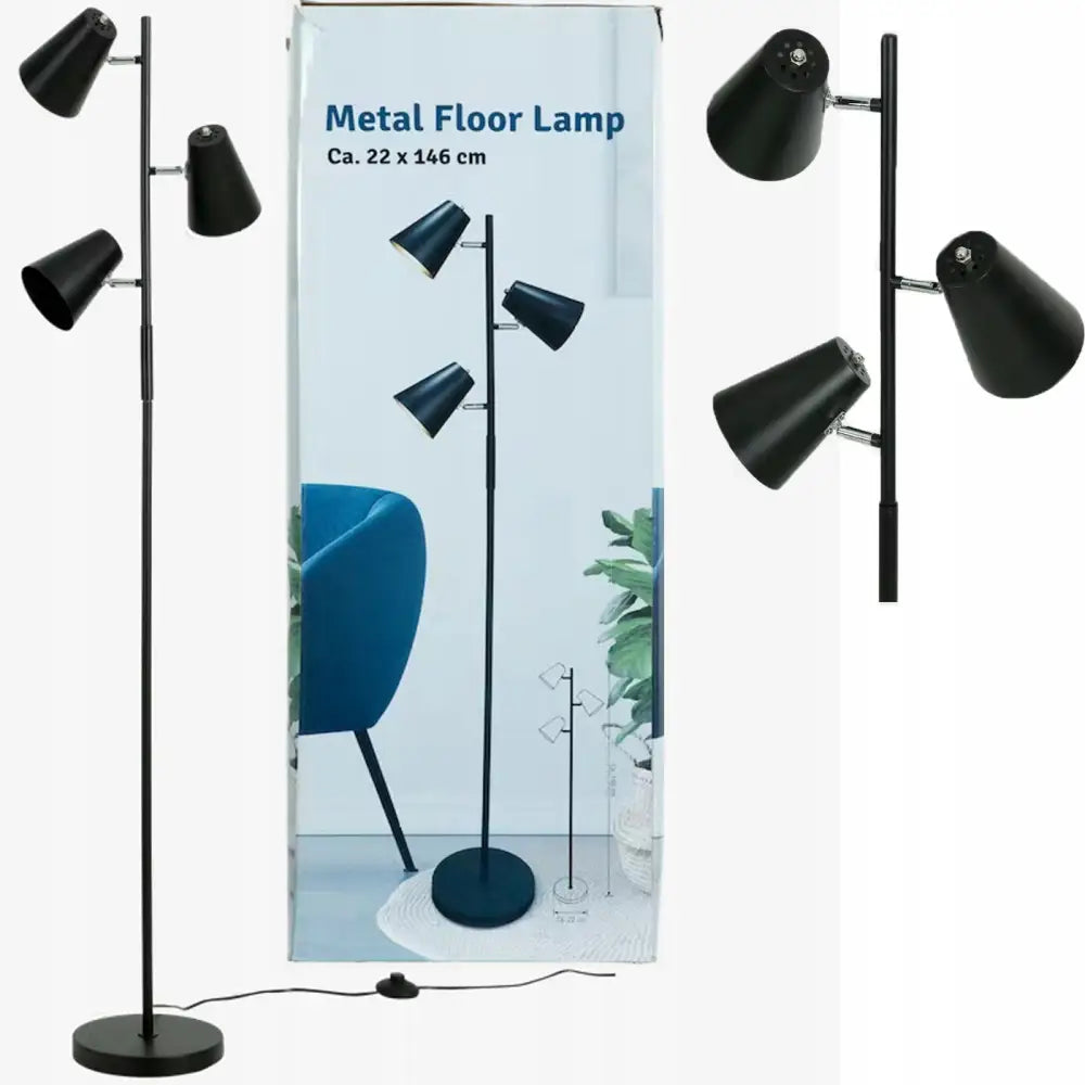 Gulvlampe i sort metall med to justerbare skjermer, rund base og lang stang, sett fra siden.