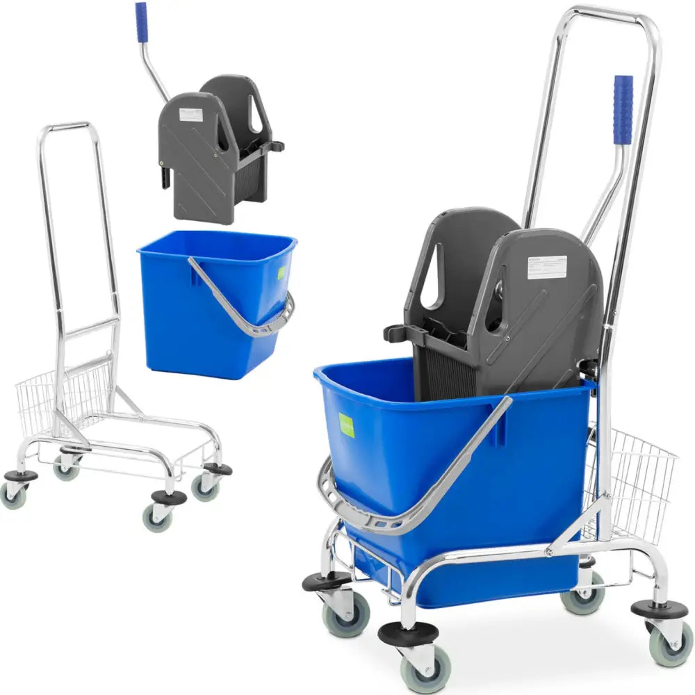 Gulvvaskesett med blå bøtte, grå presse og metallvogn med fire hjul, håndtak og sidekurv.