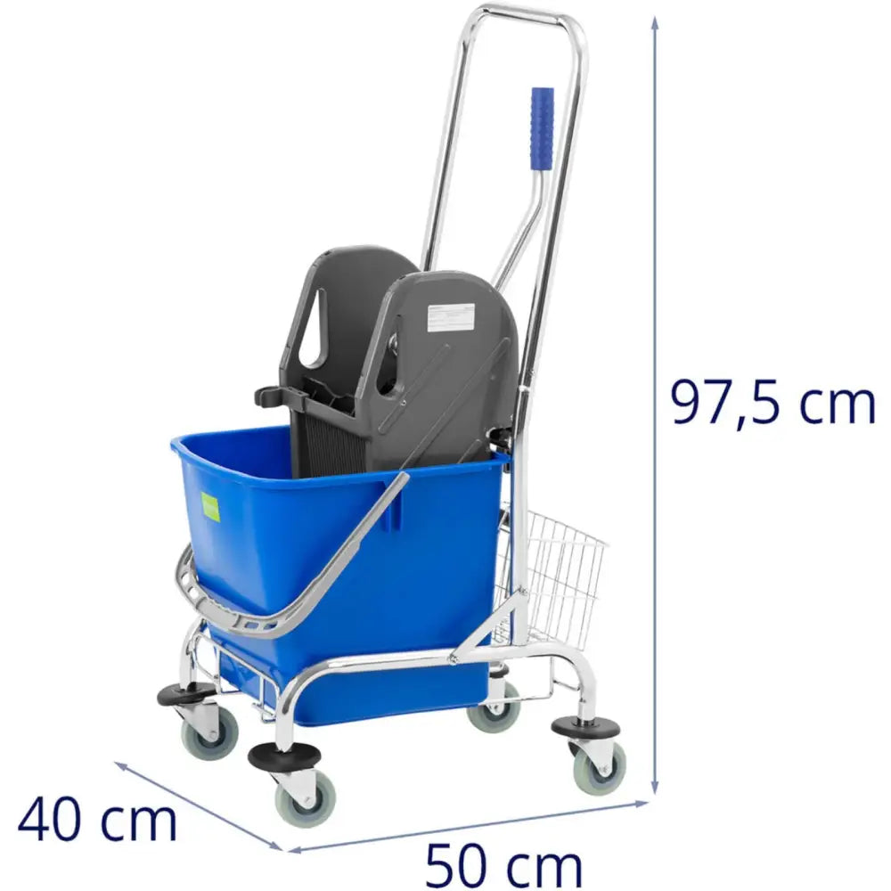 Gulvvaskesett med blå bøttevogn, sidevisning med synlige mål og detaljer i plast og metall.
