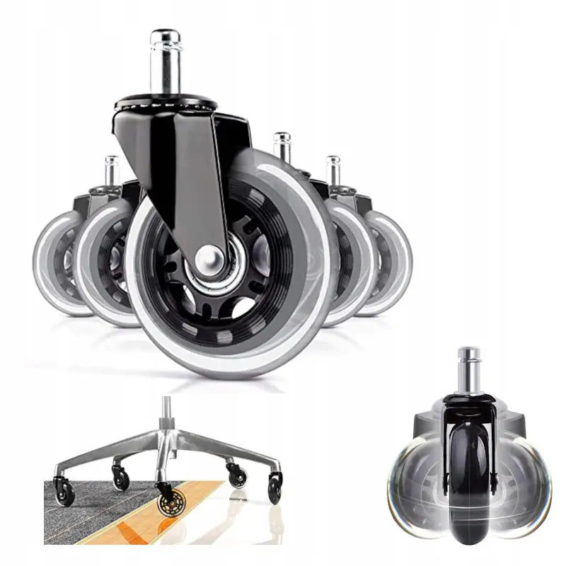 Gummihjul til stol, fem svarte og grå hjul med gjennomsiktig gummikant, nærbilde og bruk på kontorstol.