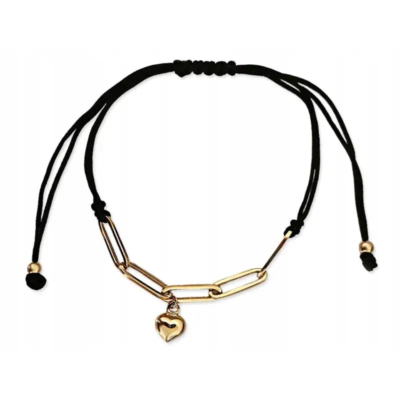 Armbånd Dame i Gull med Hjerte og Svart Snor 14k
