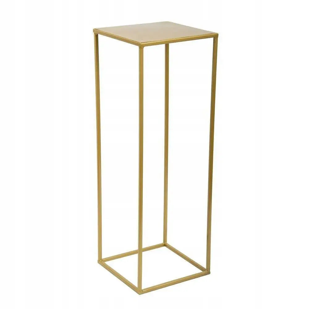 Gyllen moderne frittstående blomsterstativ 70cm, minimalistisk design med kvadratisk topp og slanke ben.